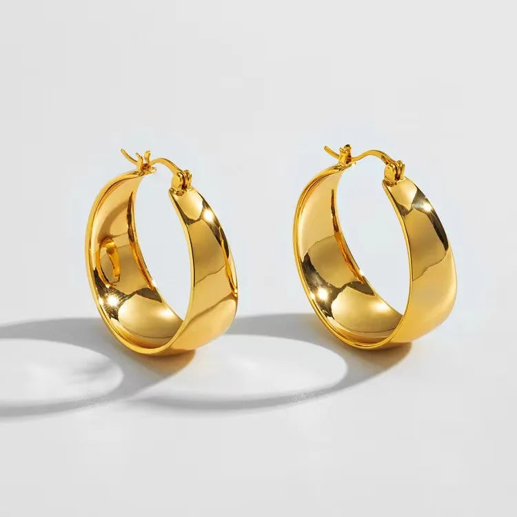 Wide circle hoop earrings, plain, gold plated stainless steel, 25/30 mm, for women