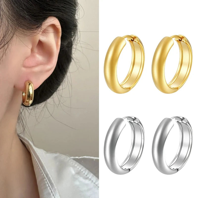 Classic Gold/Silver Stainless Steel Smooth Round Huggie Hoop Earrings for Women