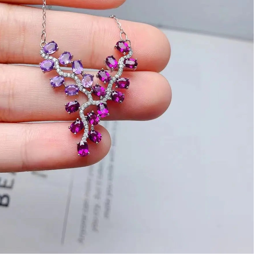 925 Sterling Silver Branch Necklace adorned with genuine amethyst and garnet (triple gold plated).